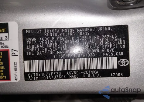 2012 Toyota Camry Se z USA, uszkodzony, nr VIN 4T1BF1FK1CU161939